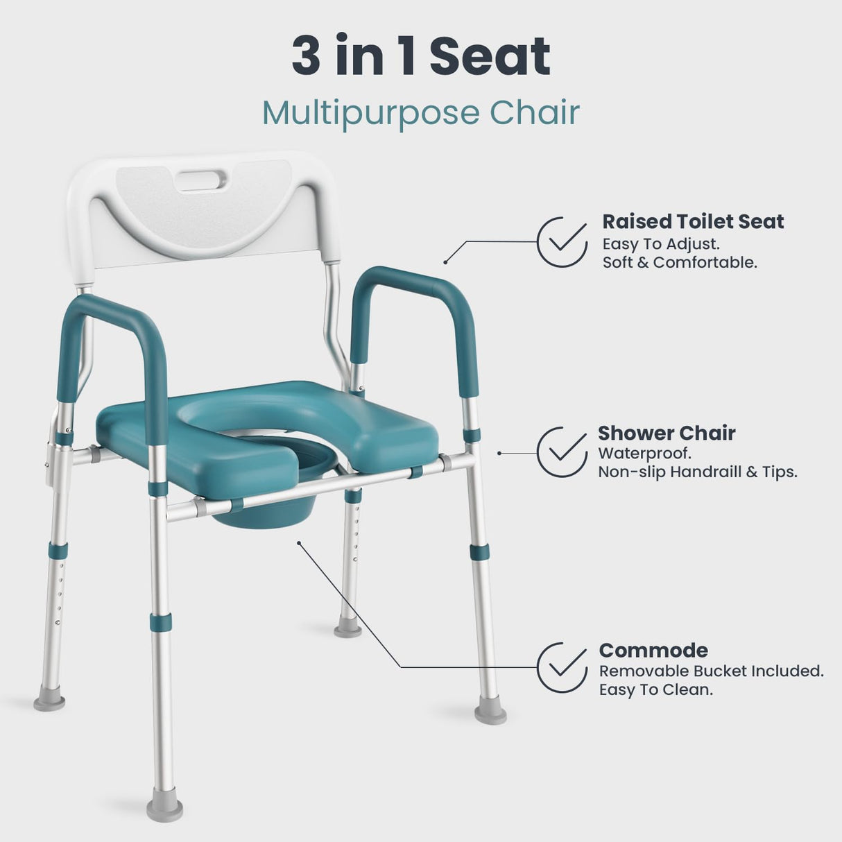 PELEGON Raised Toilet Seat with Handles (400lb) - Adjustable 3 in 1 Commode Chair for Toilet with Arms, Toilet Riser with Handles, Bedside Commode Chair, Handicap Toilet Seat for Elderly (Teal)