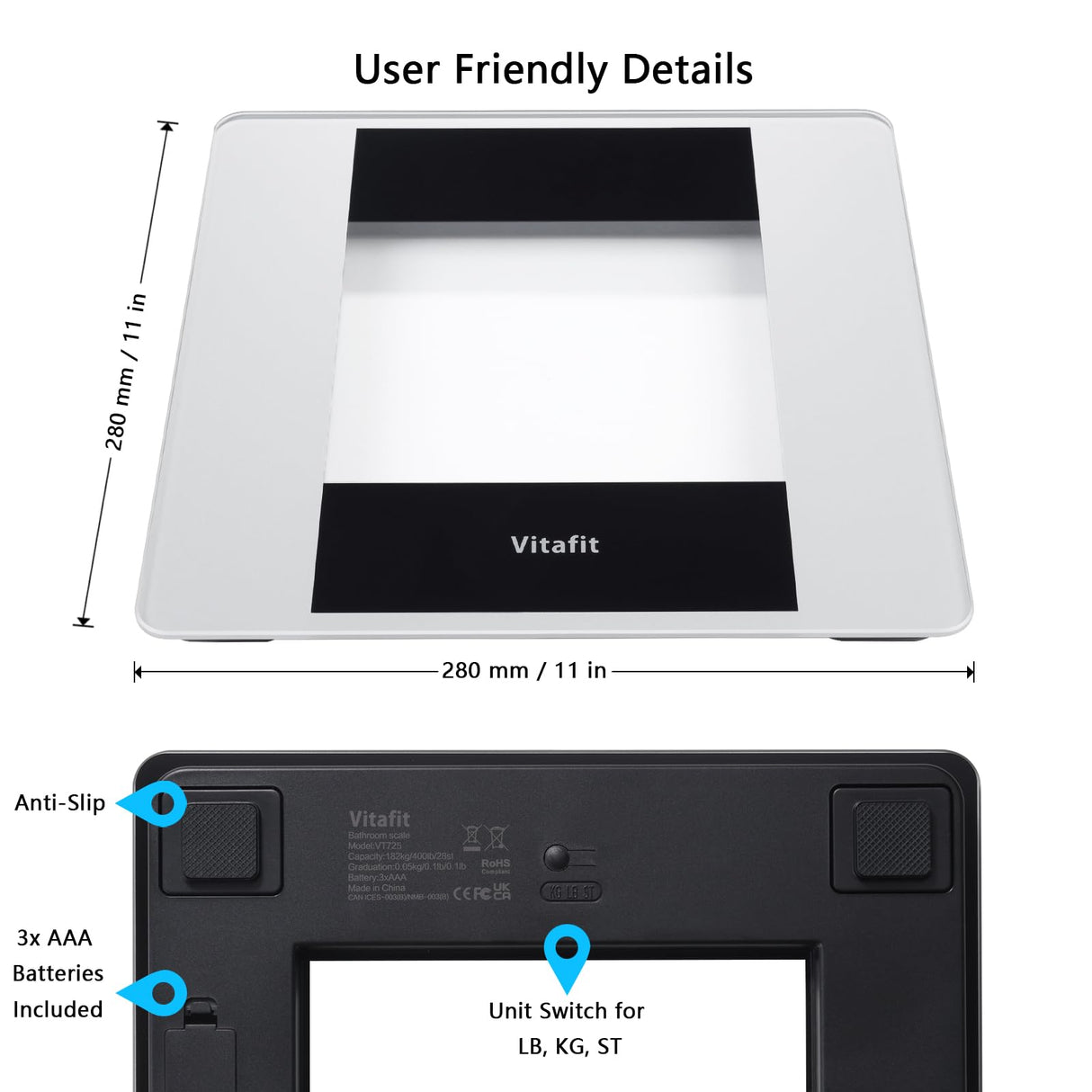 Vitafit Digital Bathroom Scale for Body Weight, High Accuracy Assured by Weight Scale Professional Factory Since 2001, White LED and Step-On, 3*AAA Batteries Included, 400lb, Silver