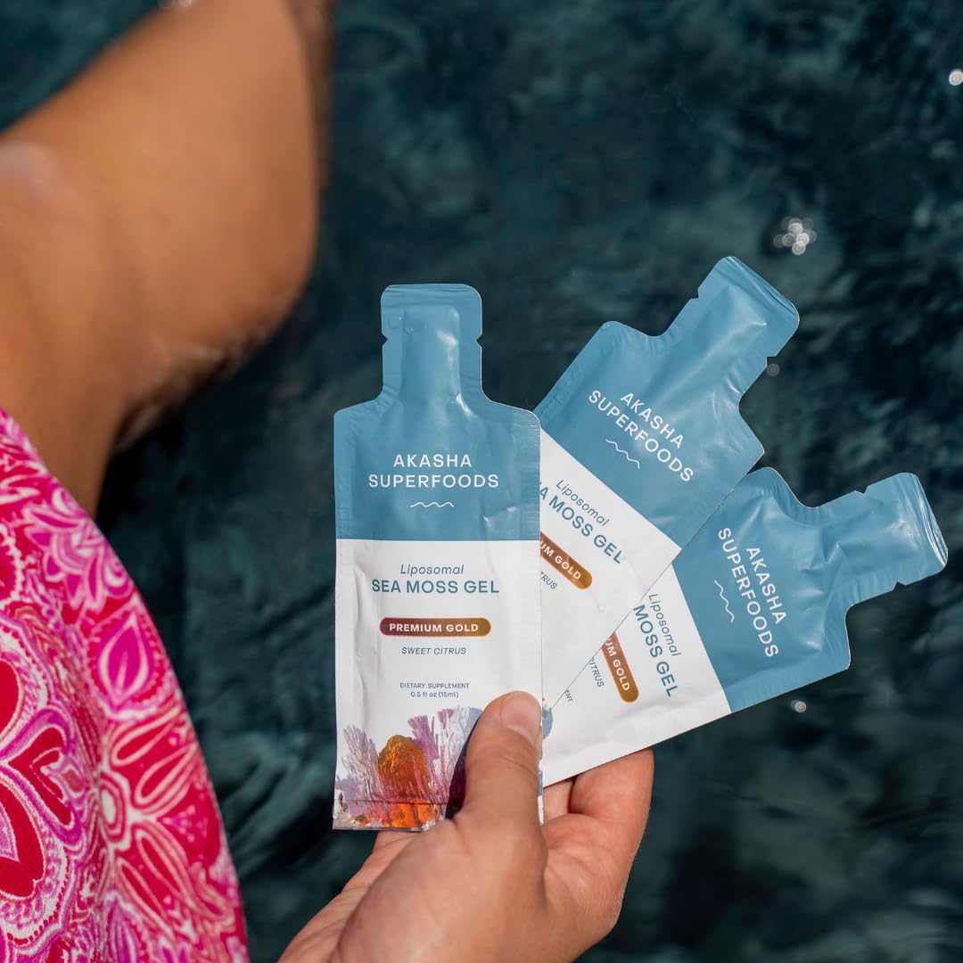 Akasha Superfoods Irish Sea Moss Gel, Liposomal Seamoss with Irish Sea Moss, Vitamin E, Citrus, Organic Vanilla, Glycerin, Skin, Energy & Gut Health Support for Women & Men, Sweet Citrus Flavor, 30 Ct