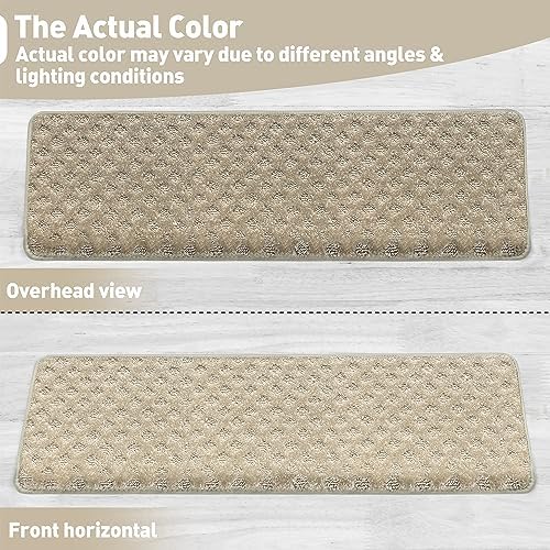 PURE ERA Bullnose Carpet Stair Treads Tape Free Non-Slip Indoor Stair Protectors Pet Friendly Stair Treads for Wooden Steps 9.5" x 30"(14 Pieces,Cream Gray Mini-Diamond Trellis)