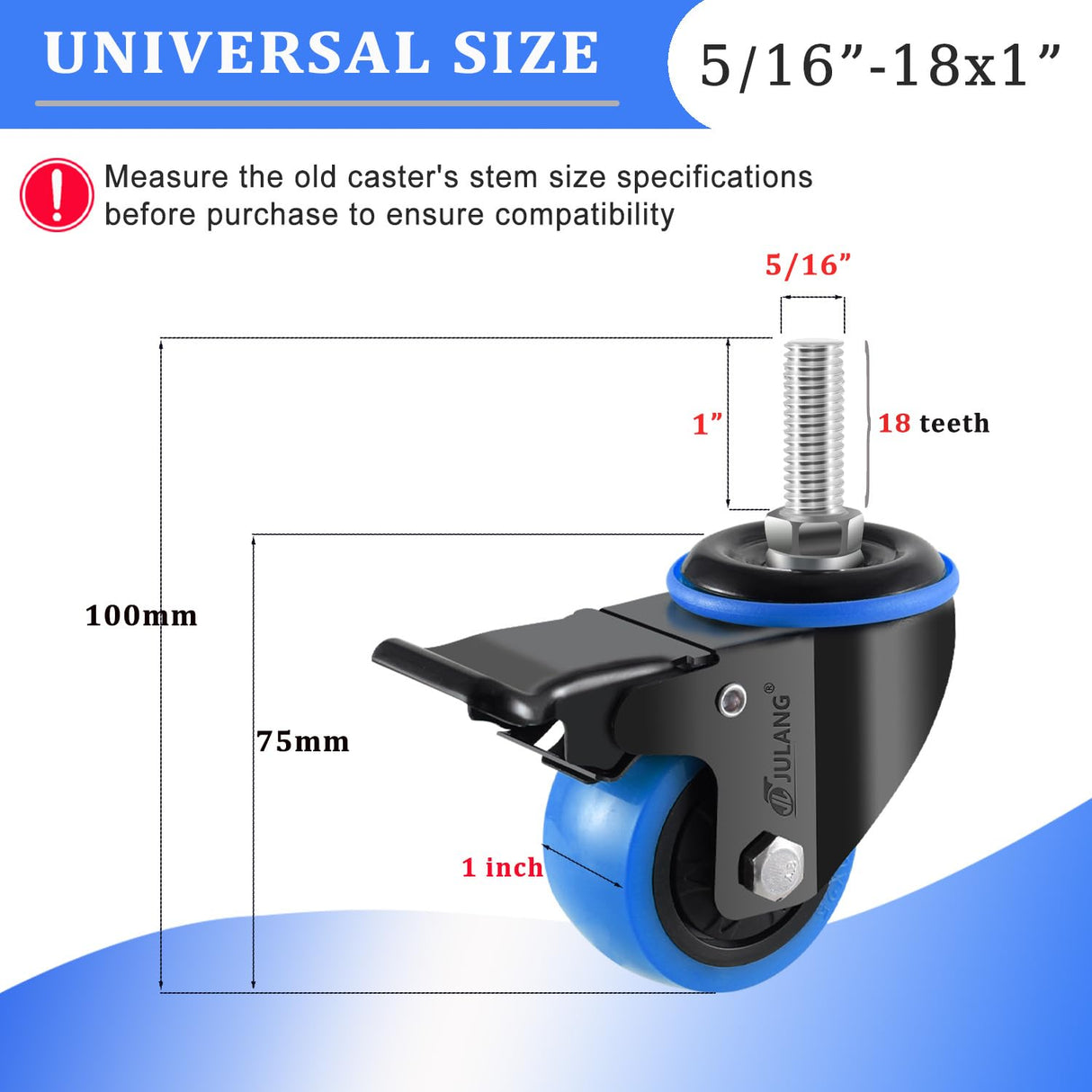JULANG 2 inch Caster Wheels 5/16" Threaded Stem Casters Set of 4 Heavy Duty, Locking & Stem Mount (UNC 5/16" -18 x1 & Weight Capacity 580 lbs) Casters for Wire Shelving, Carts, Furniture.(Blue)
