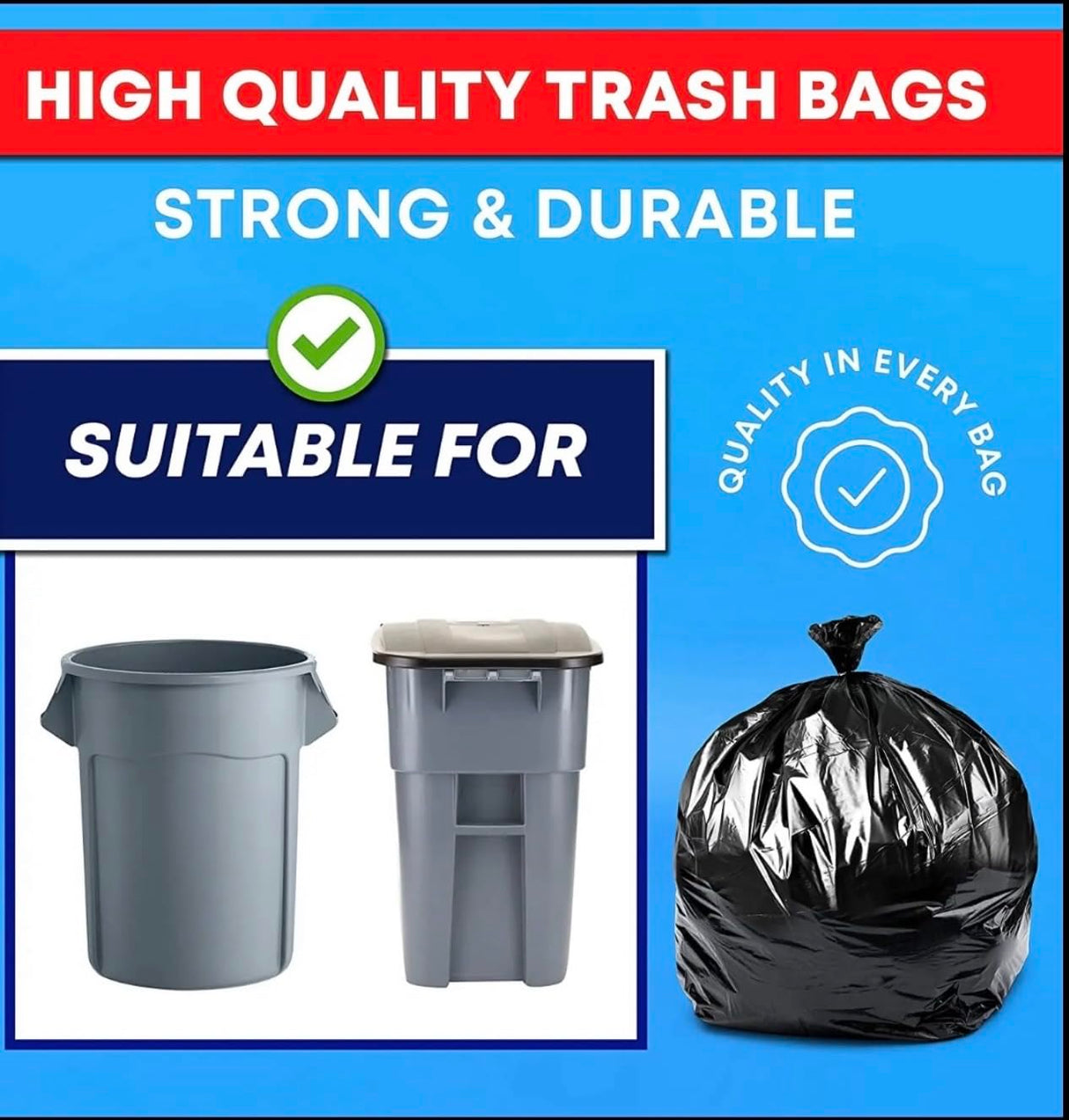 100 Count 55-60 Gallon 2 Mil Trash Bags, Sturdy & Tear-Resistant Commercial Can Liners 55 Gallon, Large Garbage Bags, Large Black Trash Bags for Commercial, Lawn and Leaf Bags
