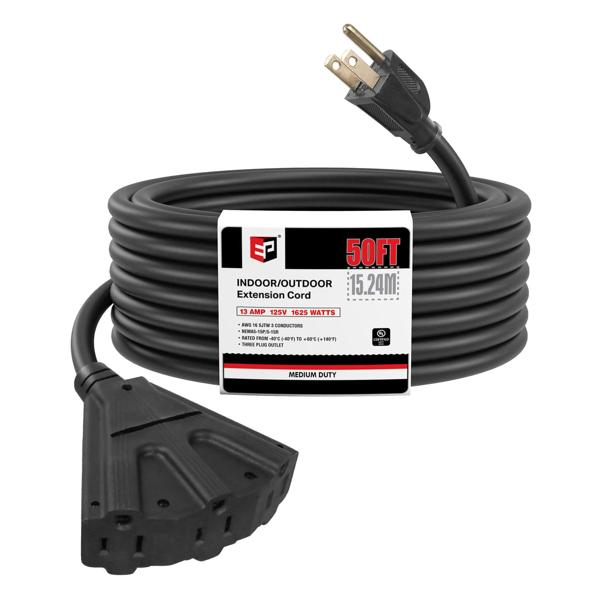 EP 50 Ft Outdoor Extension Cord with 3 Electrical Power Outlets - 16/3 SJTW Black Cable with 3 Prong Grounded Plug for Safety Great for Christmas Lights, Garden and Major Appliances