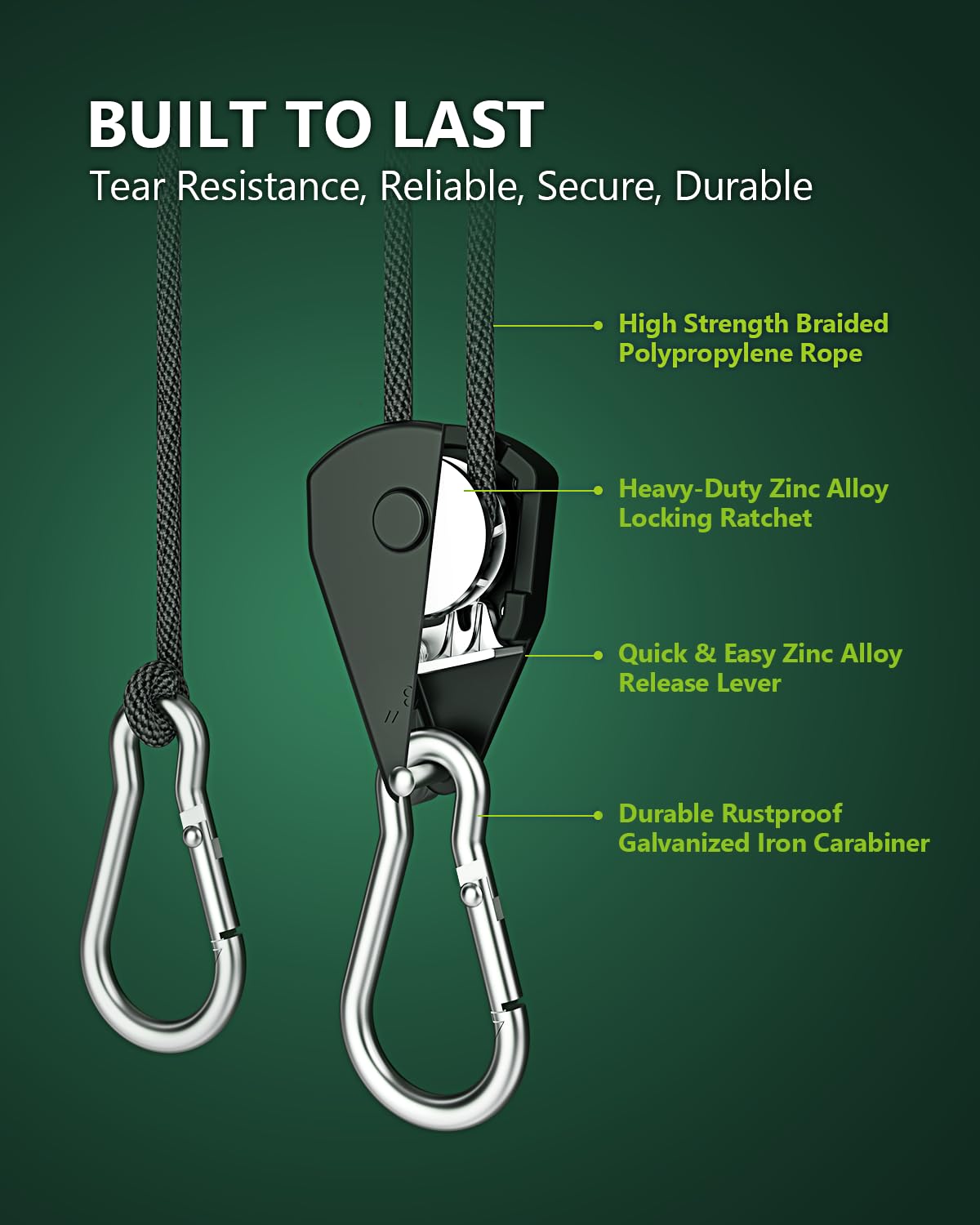 STAYGROW 12-Pack 1/8” Adjustable Rope Hanger, Heavy Duty Ratchet Tie Down Strap with Reinforced Metal Gear, Ratcheting Pulley System Bungee Cord for Hanging Plants Grow Light and Various Tie-Down Uses
