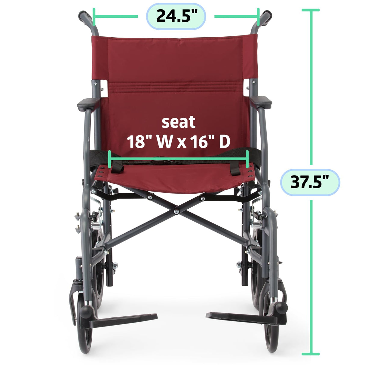 Medline Basic Steel Transport Chair - Full-Length Arms, Swing-Away Footrests, 12" Wheels - Gray/Burgundy - Durable & Convenient Mobility Aid