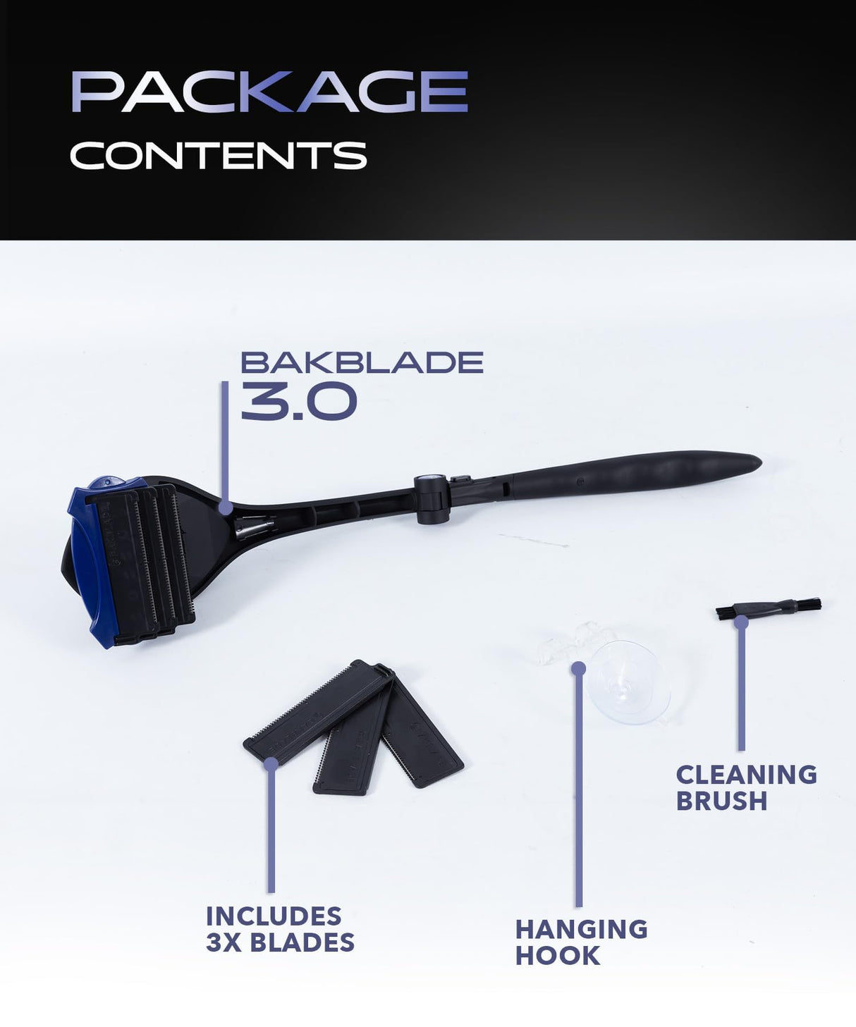 BakBlade 3.0 Stealth - Back Shaver for Men, Extra Long 23" Ergonomic Handle for a Close, Pain-Free Shave, The Ultimate Back Hair Trimmer for Men, +3 Extra Back Blade Refills