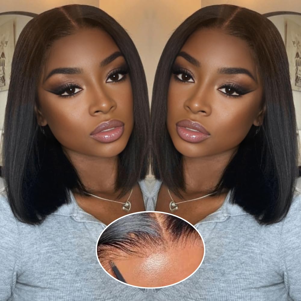 GUDOZO 14 Inch Human Hair Bob Wig - 9x6 Glueless HD Lace Front, Pre-Plucked, Pre-Cut, 200% Density Short Straight for Black Women