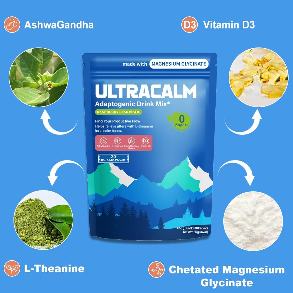 UltraCalm Super Cortisol Drink – Calm Magnesium Glycinate Powder – 30 Servings – L-theanine, Ashwagandha, Vitamin D – No Sugar – Raspberry Lemonade – Electrolytes Powder