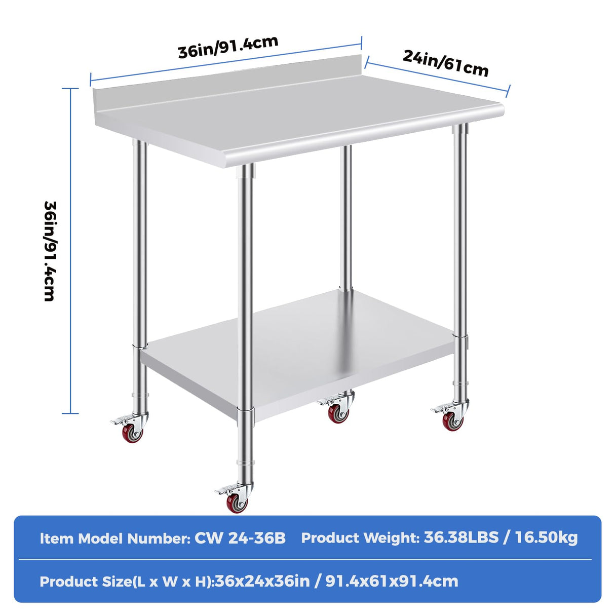 OSTBA Stainless Steel Table for Prep & Work 24x36 Inches with Casters Wheels and Backsplash, NSF Metal Commercial Heavy Duty Table with Adjustable Undershelf for Restaurant Kitchen Home and Hotel