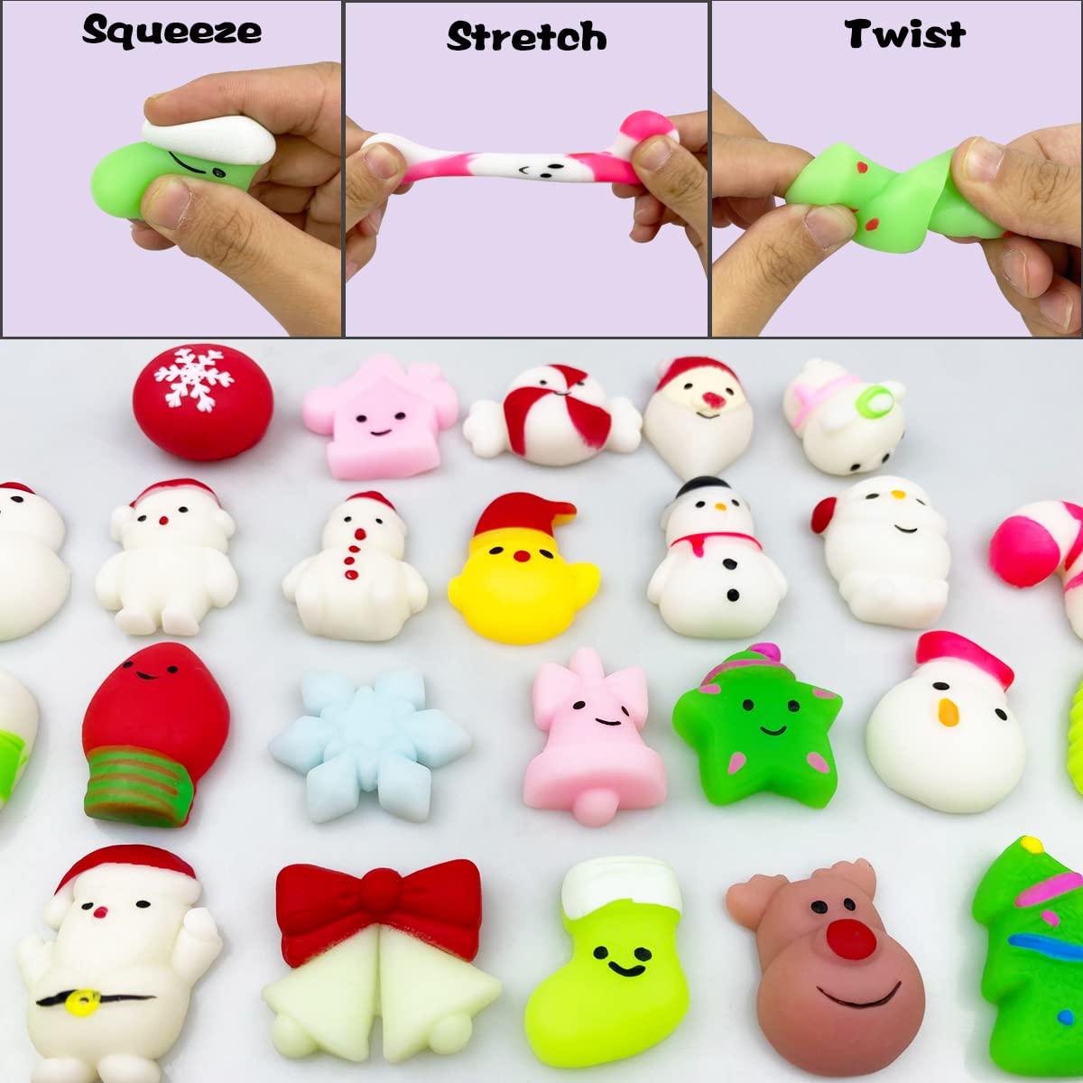 Anditoy 100 PCS Christmas Mochi Squishy Toys Squishies Christmas Toys for Kids Girls Boys Toddlers Christmas Party Favors Stocking Stuffers Gifts