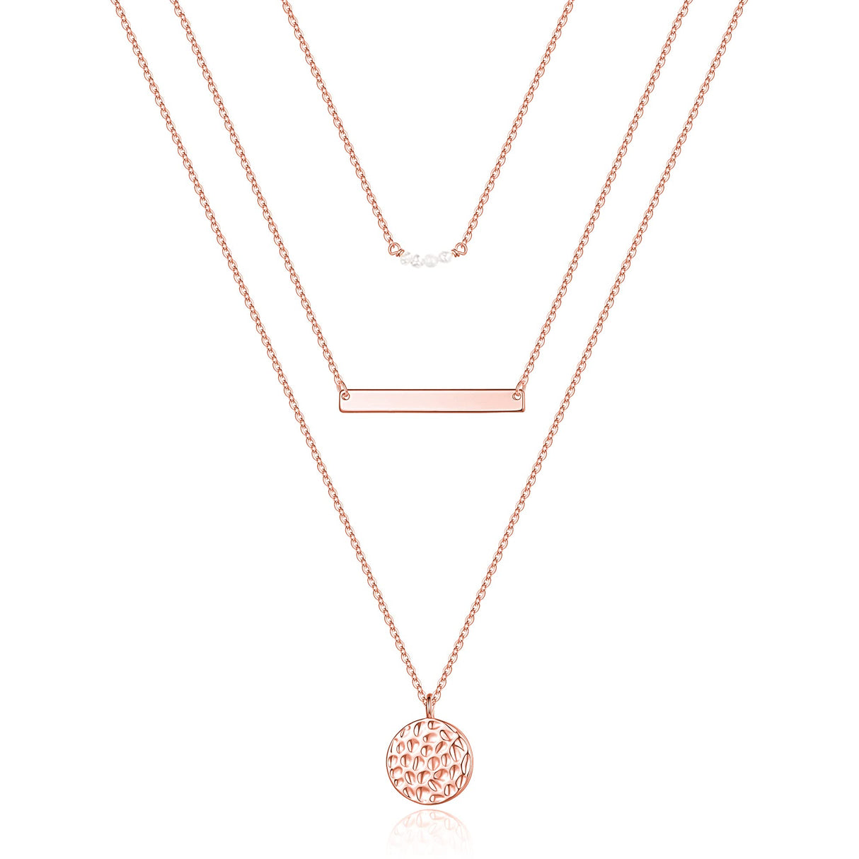 Turandoss Triple Layer Necklace for Women, Rose Pearl Bar Disc Pendant