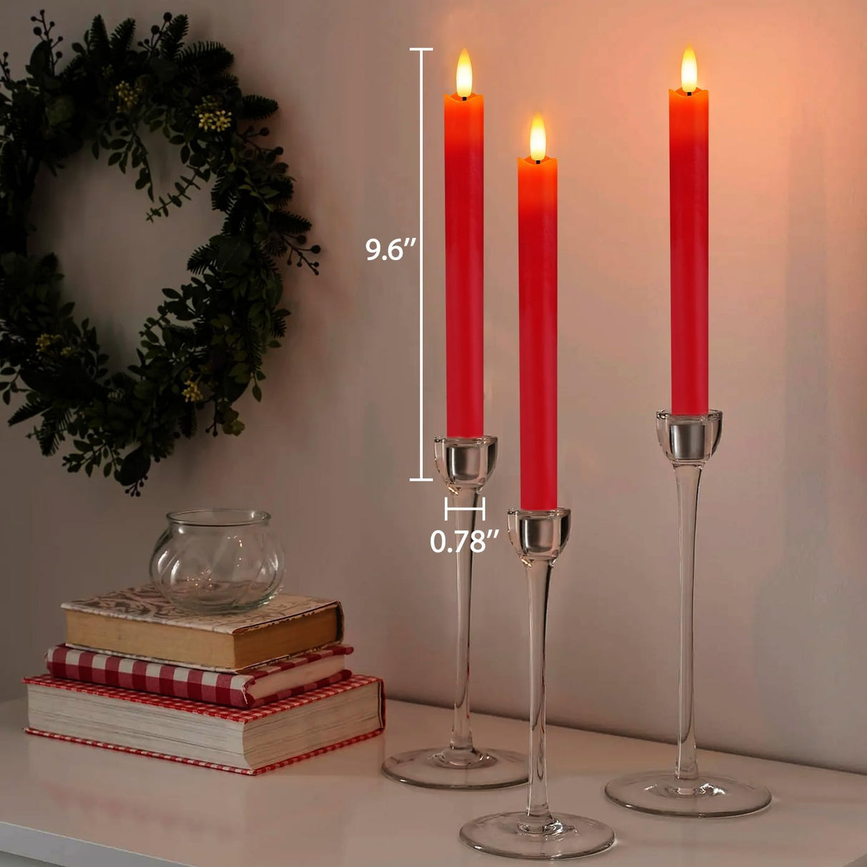 HINZER 6 Pcs Flameless Taper Candles with Remote & Timer 9.6 inch Real Wax Battery Operated LED Warm 3D Wick Flickering Window Candles for Halloween Christmas Wedding Decor, Red
