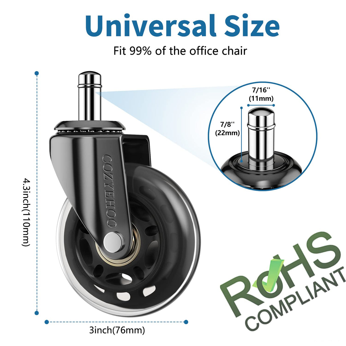 Office Chair Wheels Replacement, Transparent 3 Inch Heavy-Duty Computer Gaming Desk Rubber Casters,Smooth & Silence Gliding for All Floors Including Hardwood Carpet, Set of 5