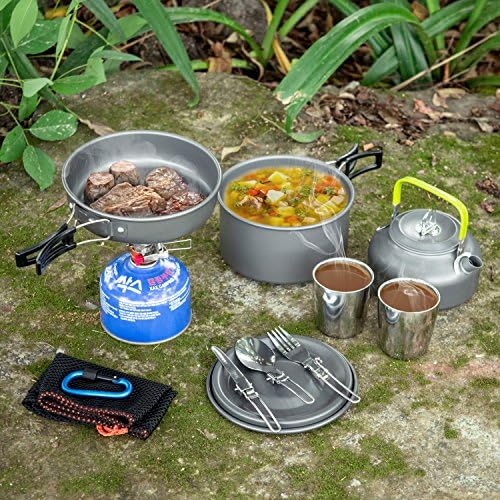 Odoland Camping Cookware Mess Kit, Lightweight Pot Pan Kettle with 2 Cups, Fork Spoon Kit Stainless Steel, gray for Backpacking, Outdoor Camping Hiking and Picnic