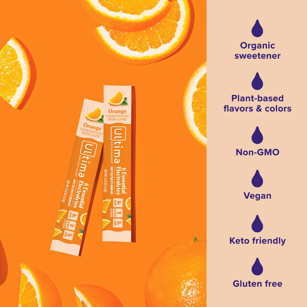 Ultima Replenisher Daily Electrolyte Powder Drink Mix –Sugar Free – Orange, 20 Stickpacks – Hydration Packets with 6 Key Electrolytes and Trace Minerals – Keto Friendly, Vegan, Non-GMO