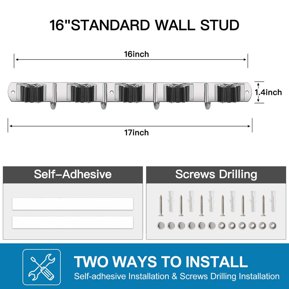 IMILLET 2 Pack Wall Mount Broom Holder Stainless Steel 5 Racks with 4 Hooks Broom Organizer Self Adhesive Heavy Duty Laundry Room, Garage Organization Storage