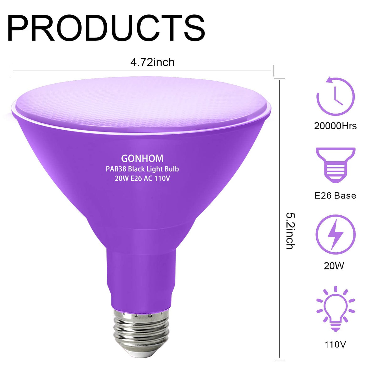 Gonhom 2 Pack Par38 Black Light Bulbs Outdoor,20W Black Flood Light Replace to 200W,1000LM E26 Base Blacklight Bulbs Outdoor for Halloween Light Bulbs,Christmas Party Decor,Home Lighting