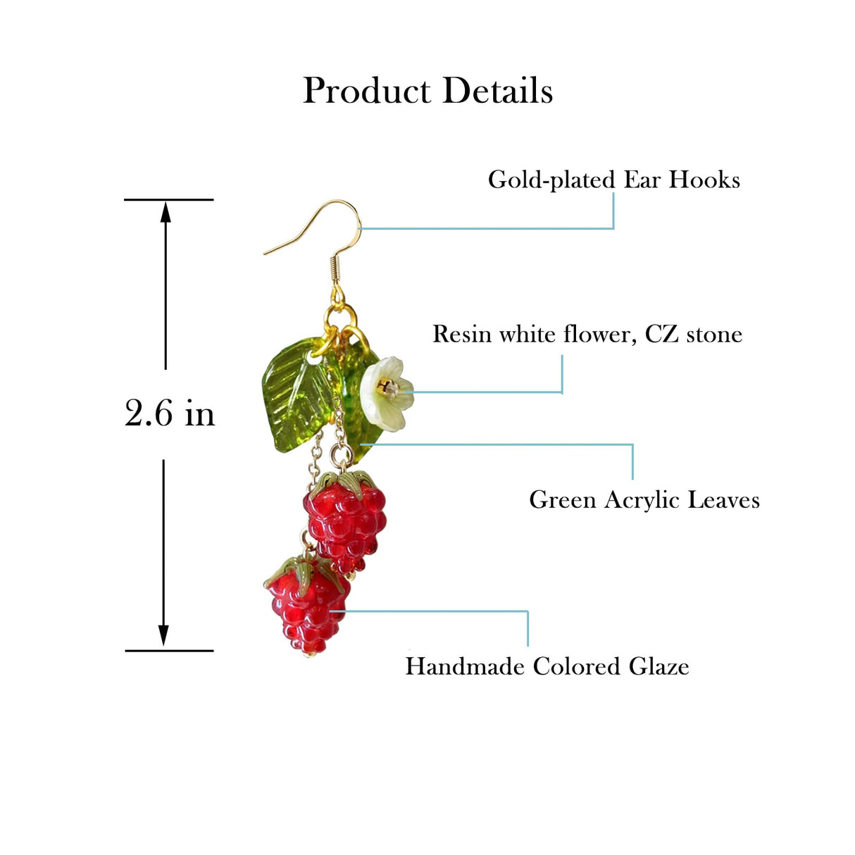 Cute Fruit earring,Dangle Drop Lightweight Food Earrings for Women (Red- 2 Raspberry)
