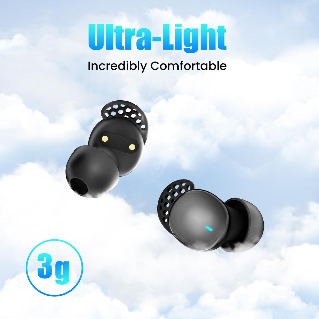 Ertuly Sleep Earbuds for Side Sleepers Wireless Earbuds Comfortable Noise Blocking LED Power Display Music Sleep Dual Mode for Sleeping Working Hiking (Black)