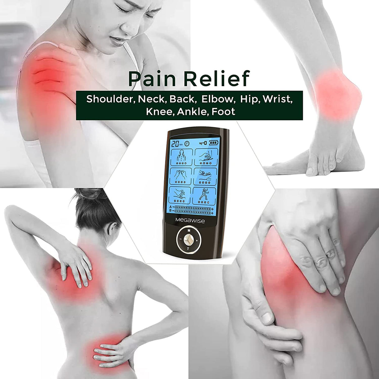 MegaWise 48 Modes(24 * 2) Dual Channel EMS TENS Unit Muscle Stimulator with 14Pcs Reusable Electrode Pads. Rechargeable Continuous Mode Electronic Pulse Massager with Storage Pouch/Pads Holder