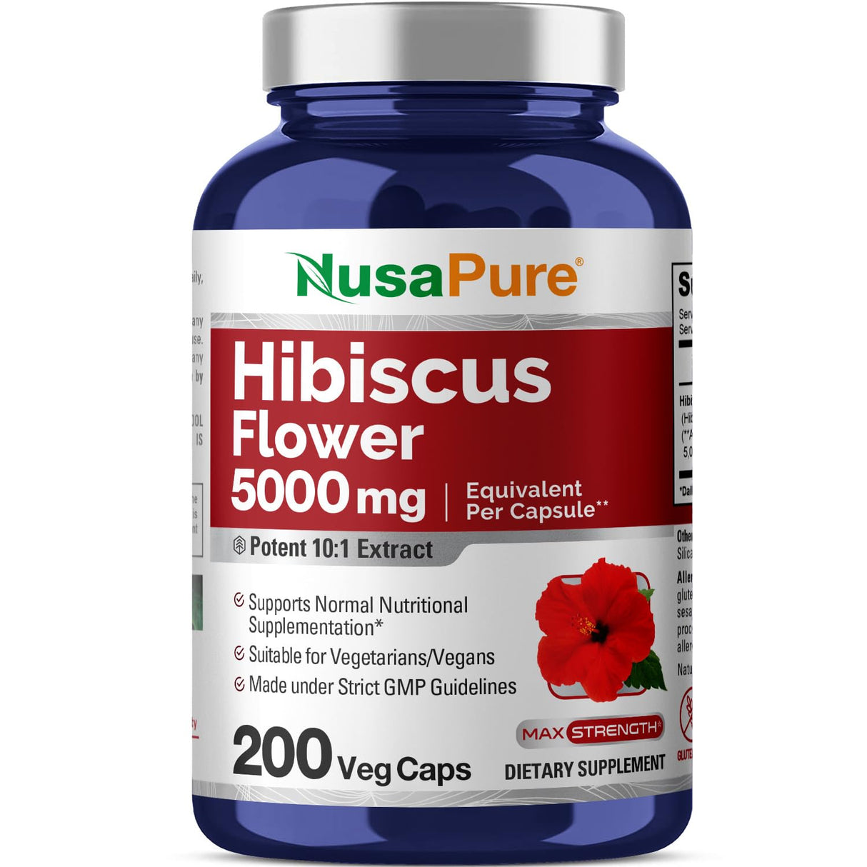 NusaPure Hibiscus Flower 10:1 Extract, 500 mg Equivalent to 5000mg 200 Vegetarian Caps (Non-GMO, Vegan)