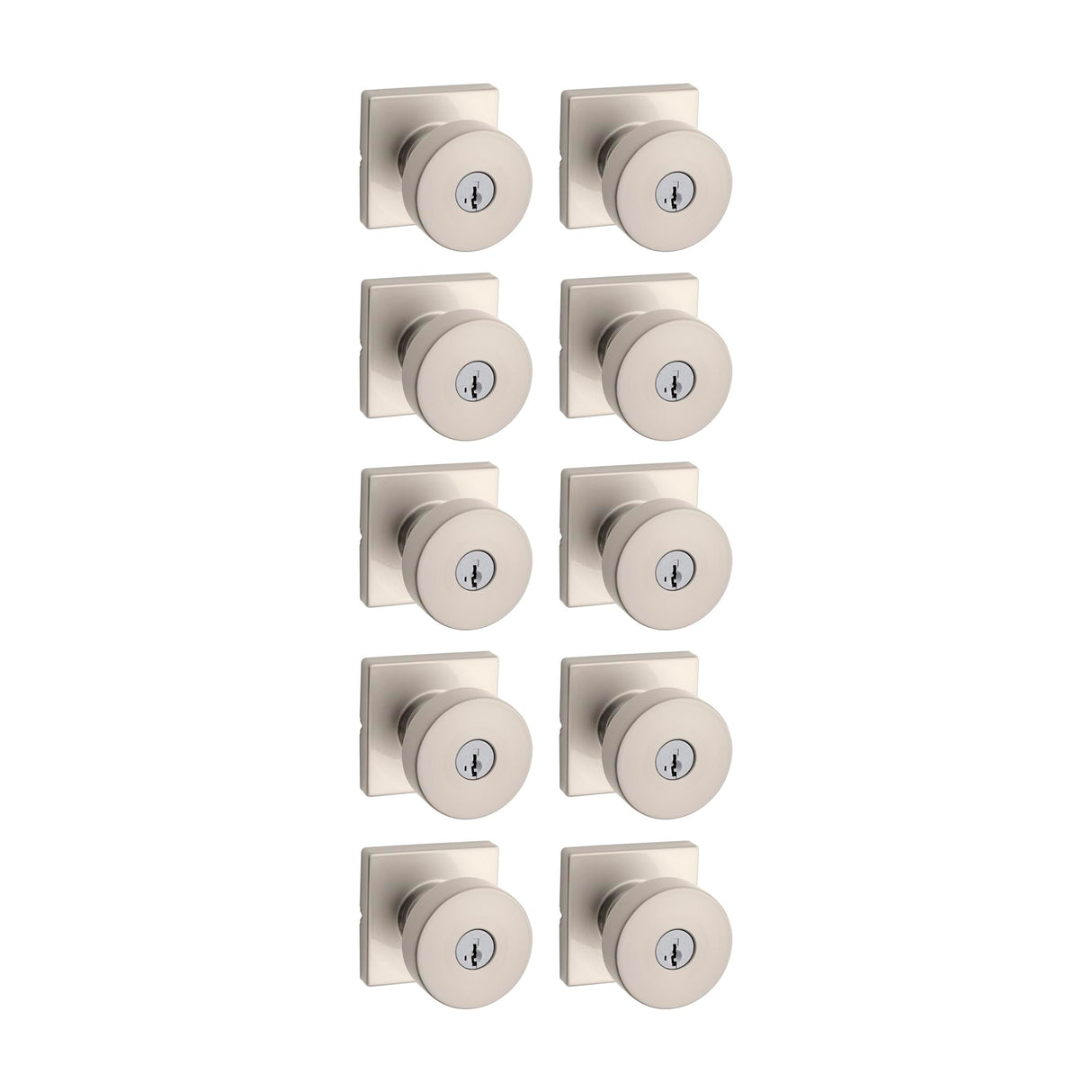 Kwikset Pismo Entry Door Knob with Lock and Key, Secure Keyed Handle Exterior, Front Entrance and Bedroom, Satin Nickel, 10 Pack, Pick Resistant SmartKey Rekey Security and Microban