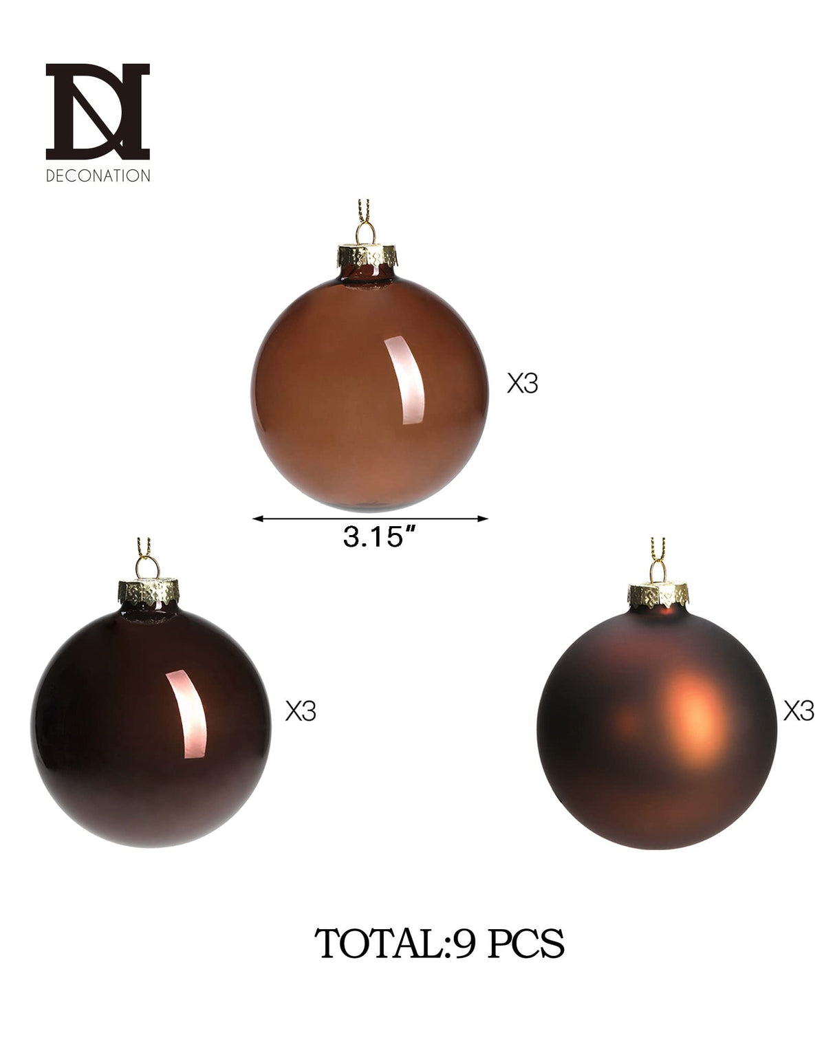 DN DECONATION Brown Glass Christmas Ball Ornaments, Set of 9, 3' Hanging Christmas Baubles for Xmas Tree Decoration, Wedding Party Gift
