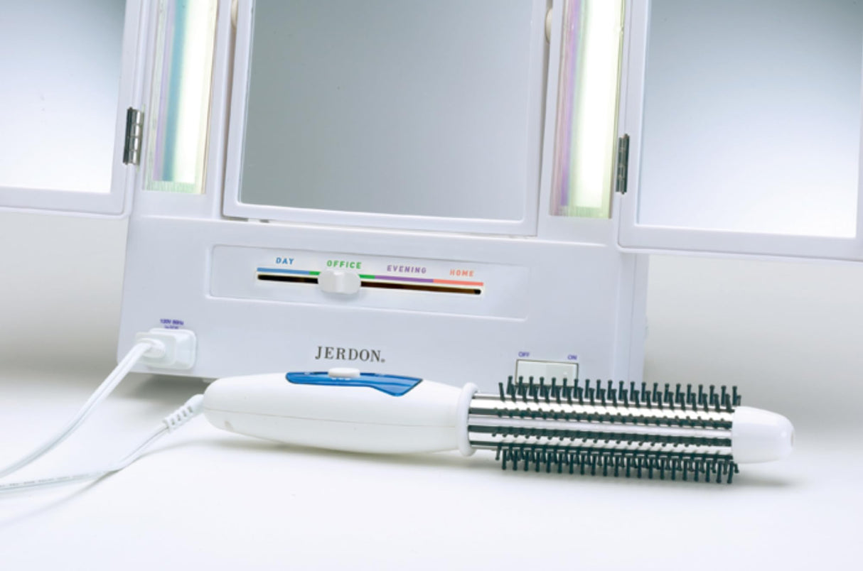 JERDON Tri-Fold Two-Sided Makeup Mirror with Lights - Vanity Mirror with 5X-1X Magnification & Multiple Light Settings - White - Model JGL9W