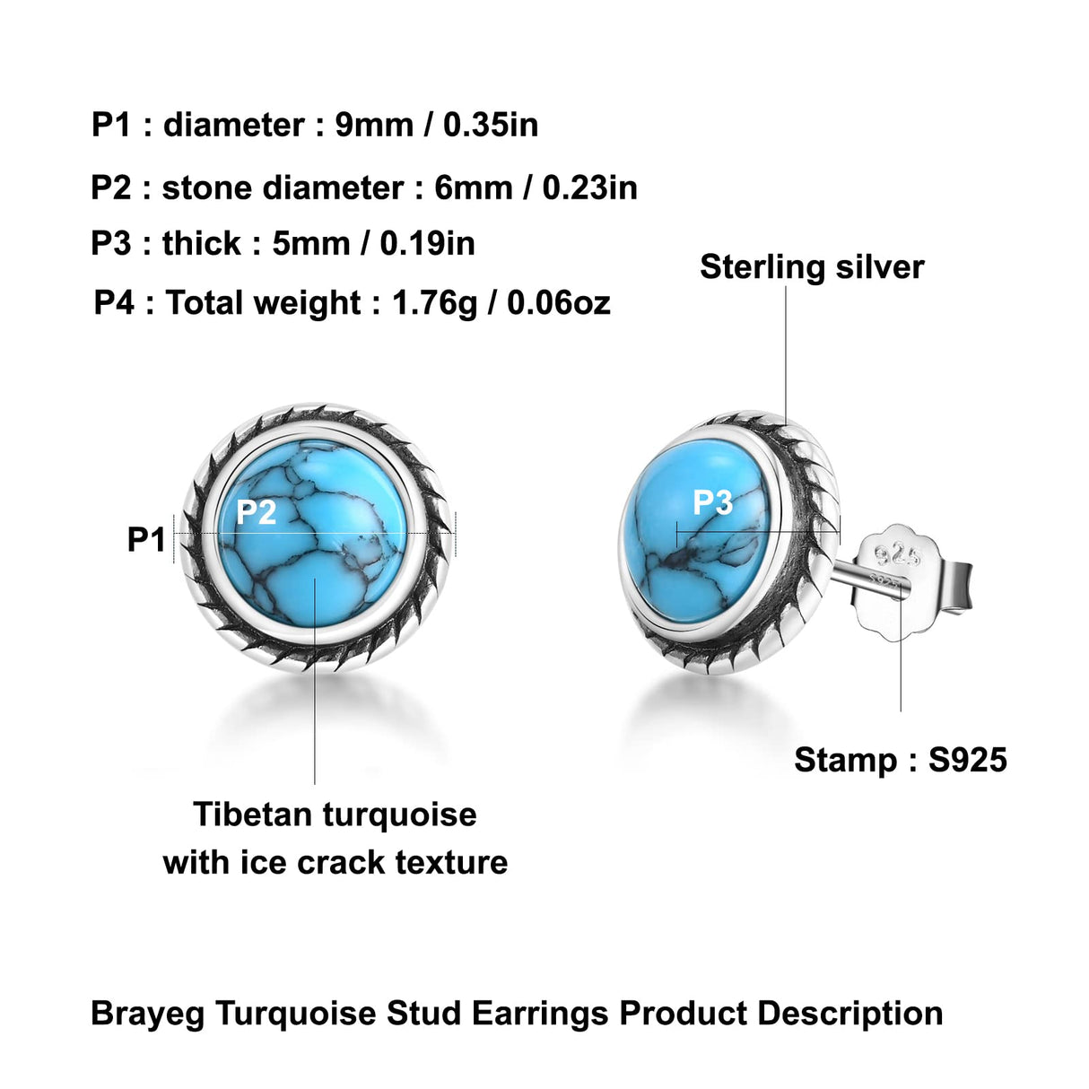 BRAYEG 925 Sterling Silver Turquoise Stud Earrings, Hypoallergenic Turquoise Earrings for Women, Classic Circle Gemstone Earrings for Women Gift