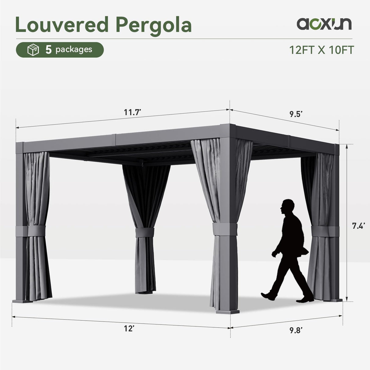 Aoxun Louvered Pergola 10x12 All-Aluminum Outdoor Gazebo with Independent Adjustable Roofs, Waterproof Curtains and Netting, Integrated Drainage System for Patios & Backyard