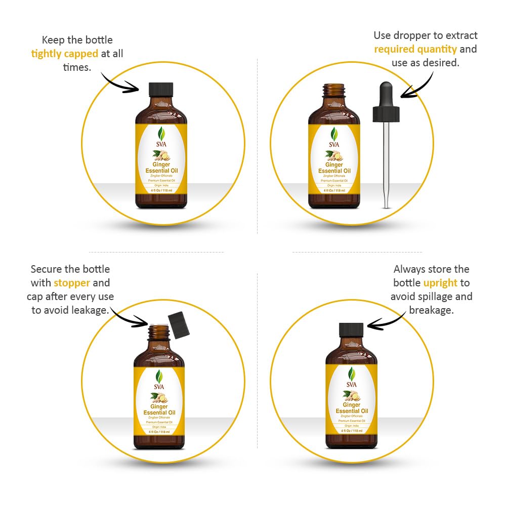 SVA Ginger Essential Oil – 4 Fl Oz – 100% Natural Ginger Oil - for Diffuser, Hair Care, Face, Skin Care, Aromatherapy, Scalp and Body Massage, Soap and Candle Making – with Dropper