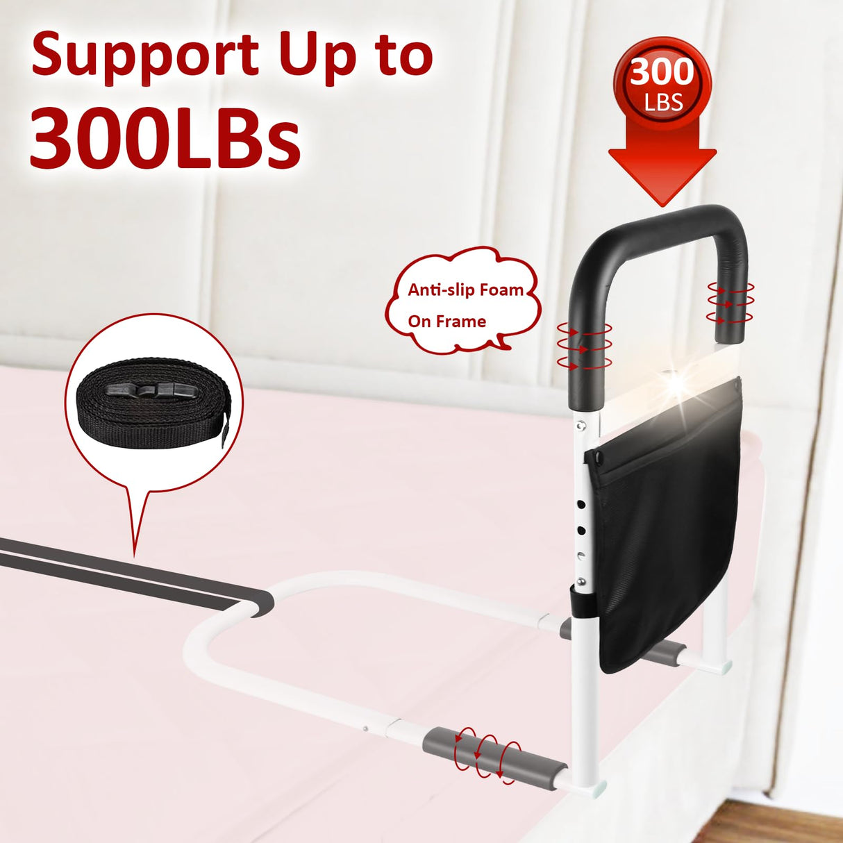 UHdod Bed Rails for Elderly Adults Safety with Motion Light Storage Pocket, Adjustable Heights Bed Cane Stable, Bedside Assist Bar Protects Seniors from Falling, Bed Assist Rails Fits Any Bed