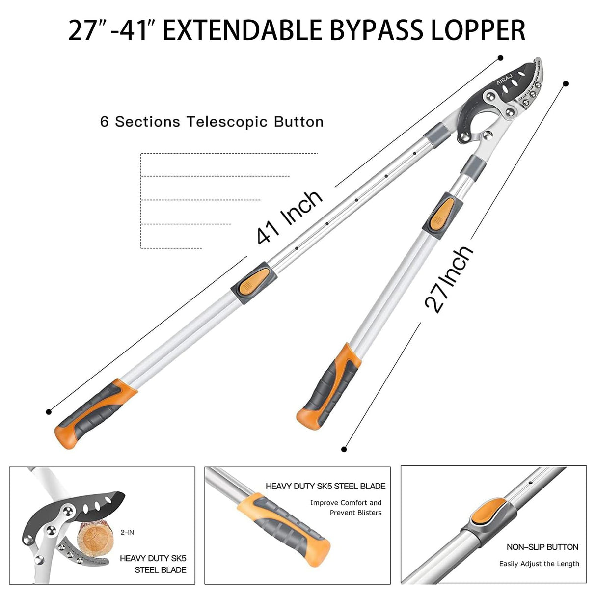 AIRAJ Telescoping Anvil Loppers, Heavy Duty Branch Cutter Tree Trimmer with SK5 Steel Spare Blade, 27-41''Adjustable Aluminum Handle, Labor-Saving Garden Tools for Cutting Thick Branches Up to 2 Inch