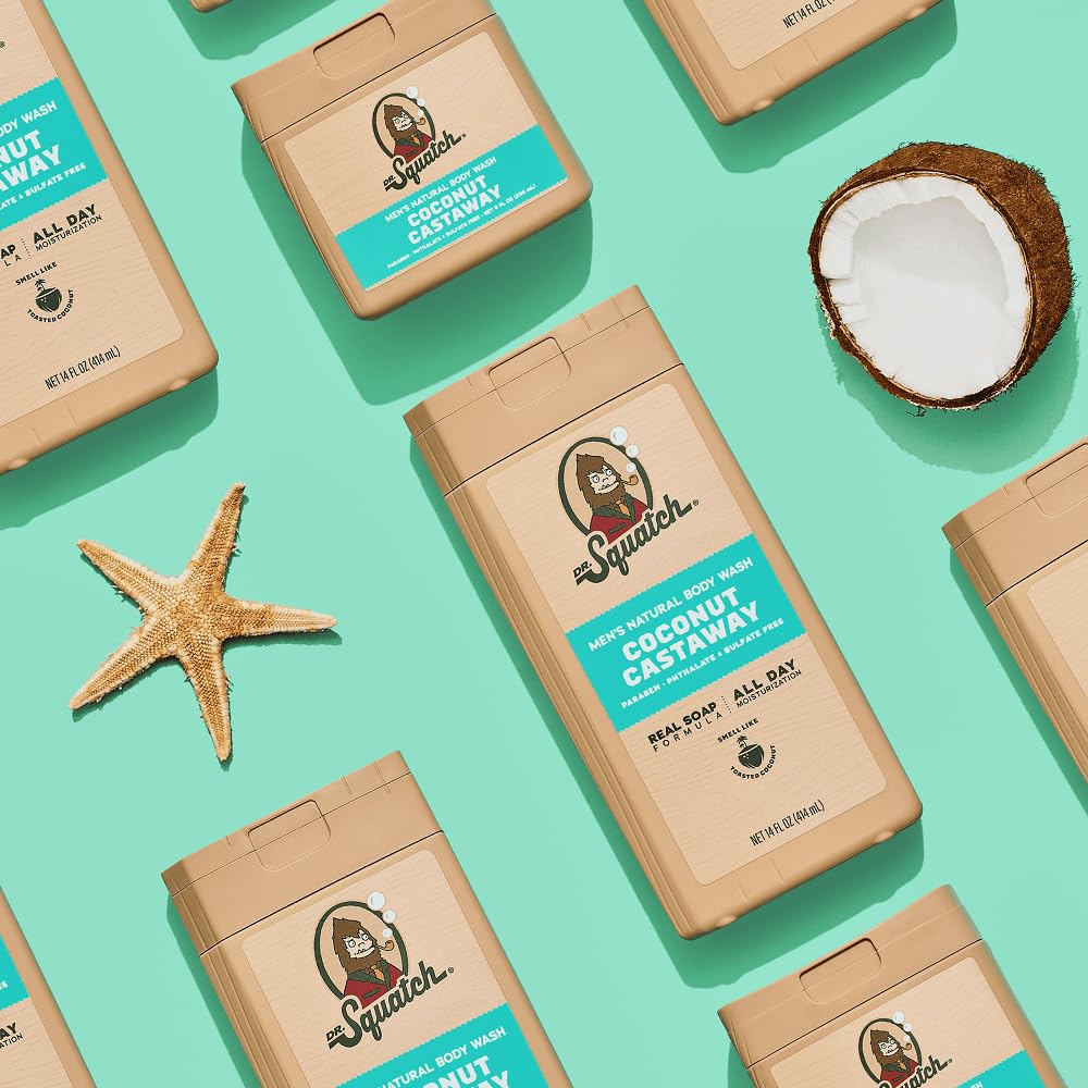 Dr. Squatch NEW Body Wash for Men with Nourishing, Natural Ingredients | No Paraben, Phthalate, Sulfate | Coconut Castaway (14 oz), Wood Barrel Bourbon & Pine Tar (8 oz, 2-Pack) & Body Scrubber