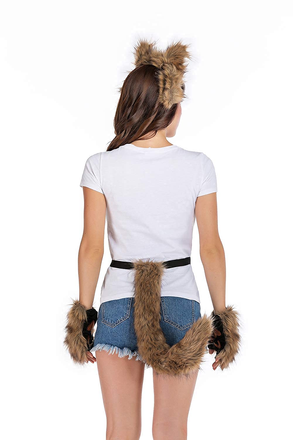 HAOAN Wolf Fox Tail Clip Ears and Gloves Set Halloween Christmas Fancy Party Costume for Women and Man Gray