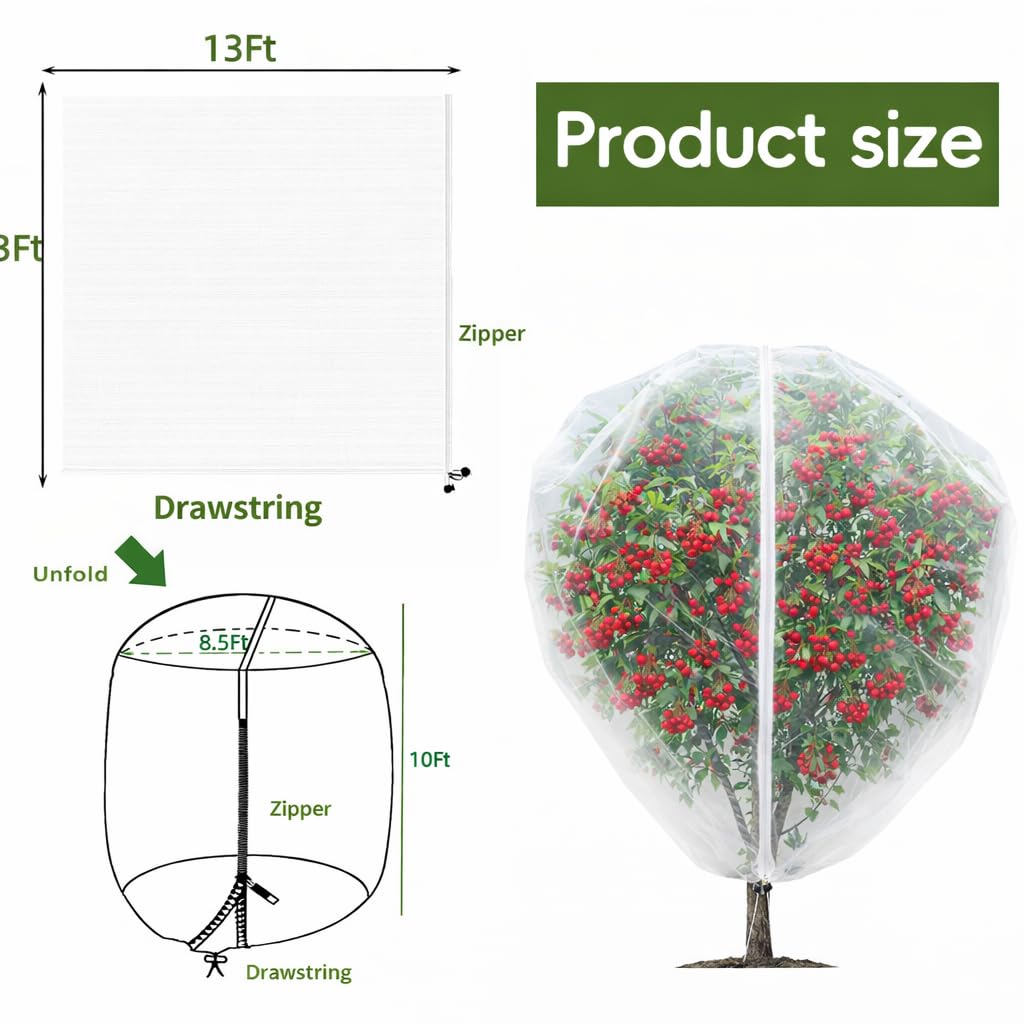 1Pack 13x13ft Large Fruit Tree Netting with Zipper and Drawstring – Anti-Insect, Anti-Bird Protection for Apple, Peach, Cherry Trees and Vegetables – Ideal for Home Gardens,Small Organic Farms