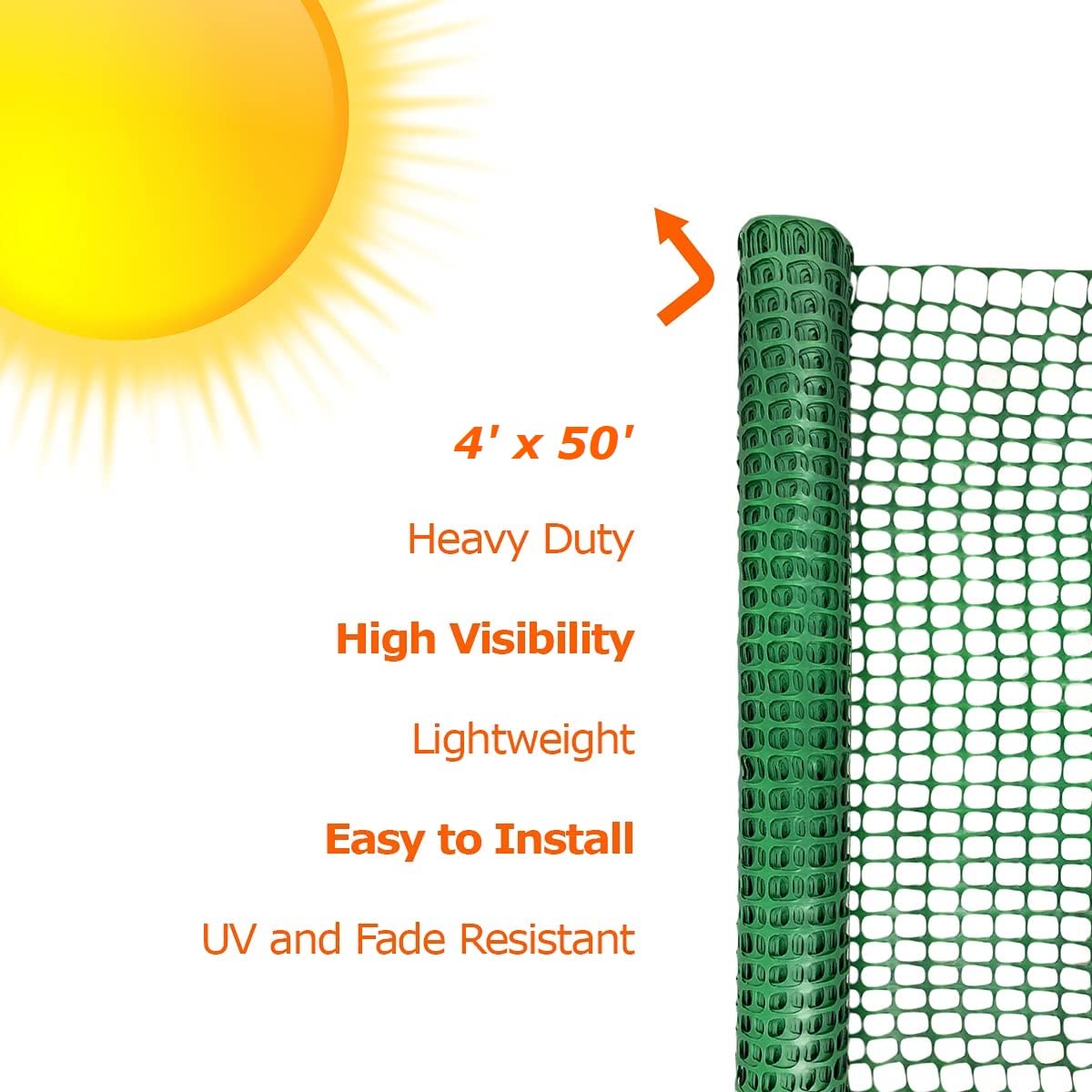 Ashman Plastic Mesh Fence, 4'x50' Feet, 1 Roll, Green, Construction Barrier Netting, Garden Fencing, Fences Wrap, Above Ground, for Snow, Poultry, Chicken, Deer, Patio, Garden Netting, Green 50FT.