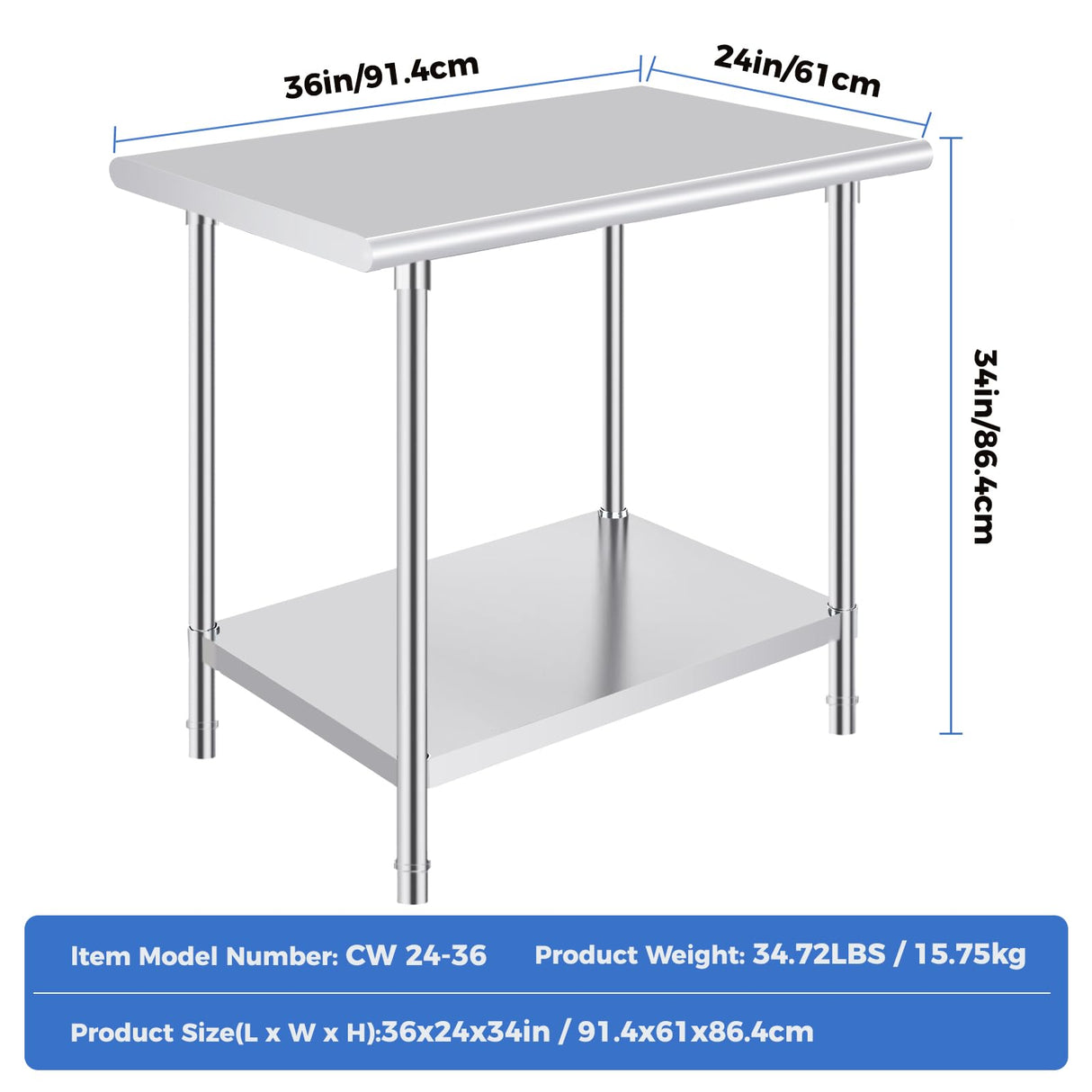 OSTBA Stainless Steel Table for Prep & Work 24x36 Inches, NSF Metal Commercial Heavy Duty Table with Adjustable Undershelf and Adjustable Foot for Restaurant Kitchen Home and Hotel