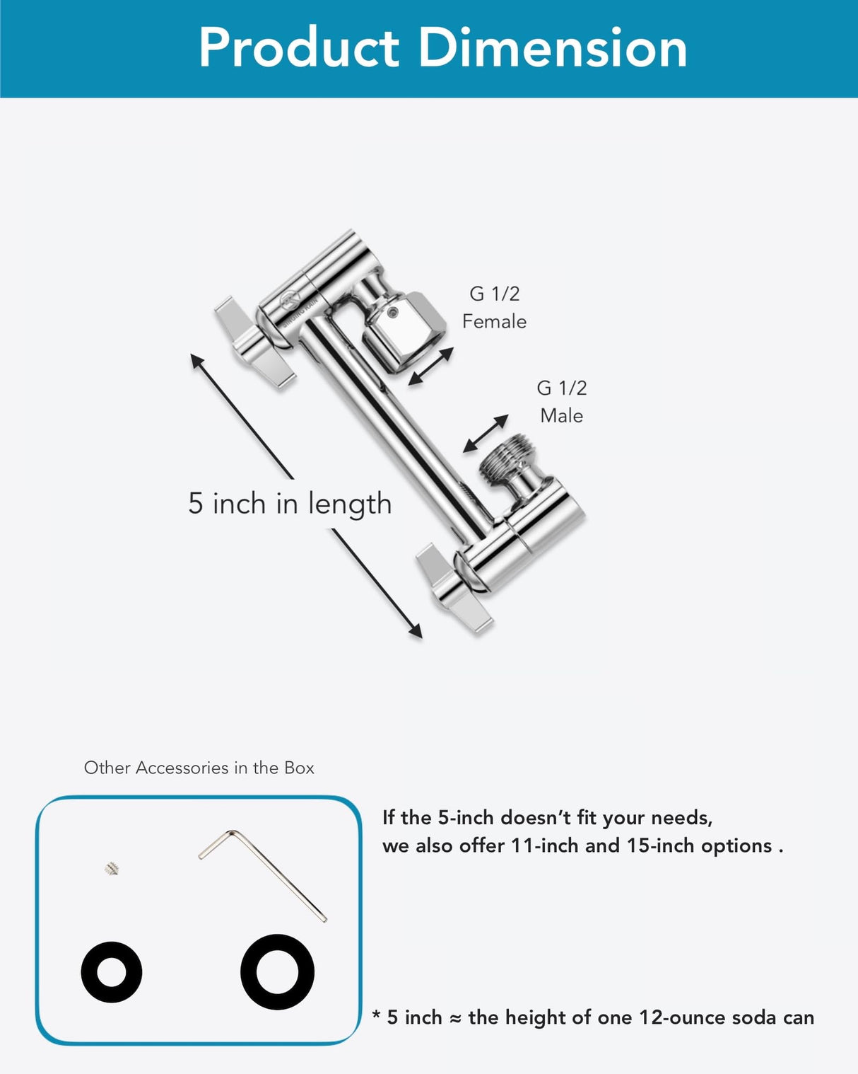 5 Inch Adjustable Shower Head Extension Arm, With Locking Set Screw, Singing Rain 304 Stainless Steel Chrome Angle Height Adjustable, Easy Install, G1/2 Universal Connector Compatible (Chrome Finish)