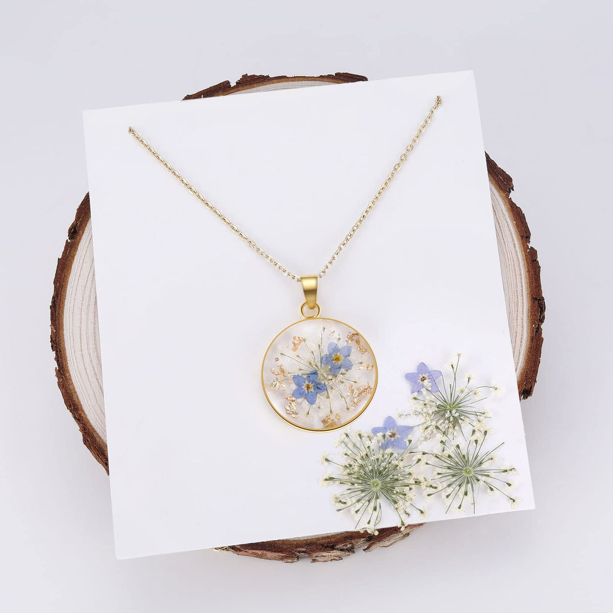 Forget-Me-Not and Queen Anne's Lace Pressed Wildflower Necklace | Gold Pressed Flower Necklace | Personalized Handmade Necklaces for Women | Forget-Me-Not Jewelry | Alaska State Flower Jewelry | 18ā