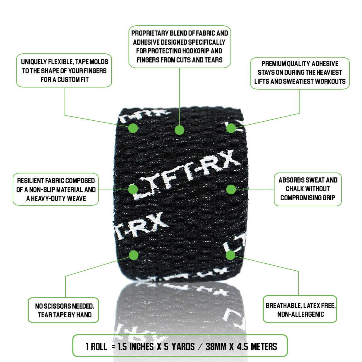 LYFT-RX Weightlifting Hook Grip Tape w/Premium Adhesive for Olympic Weight Lift, Cross Fitness, Lifting, Stretch Fit Athletic Finger Wrap, Protects Thumb Fingers, Size1.5in Black 6-Rolls
