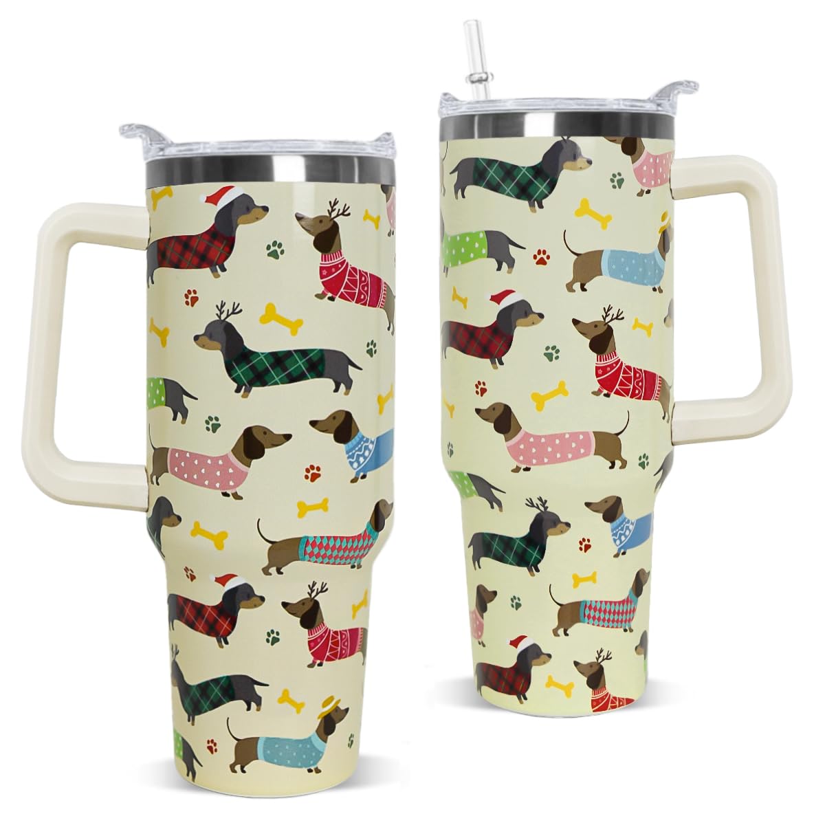 Nqhsionv Dachshund Tumbler with Handle and Straw 40 oz Christmas Cup Weiner Dog Coffee Travel Mug Stainless Steel Insulated Water Bottle Xmas Christmas Decor Gifts for Women