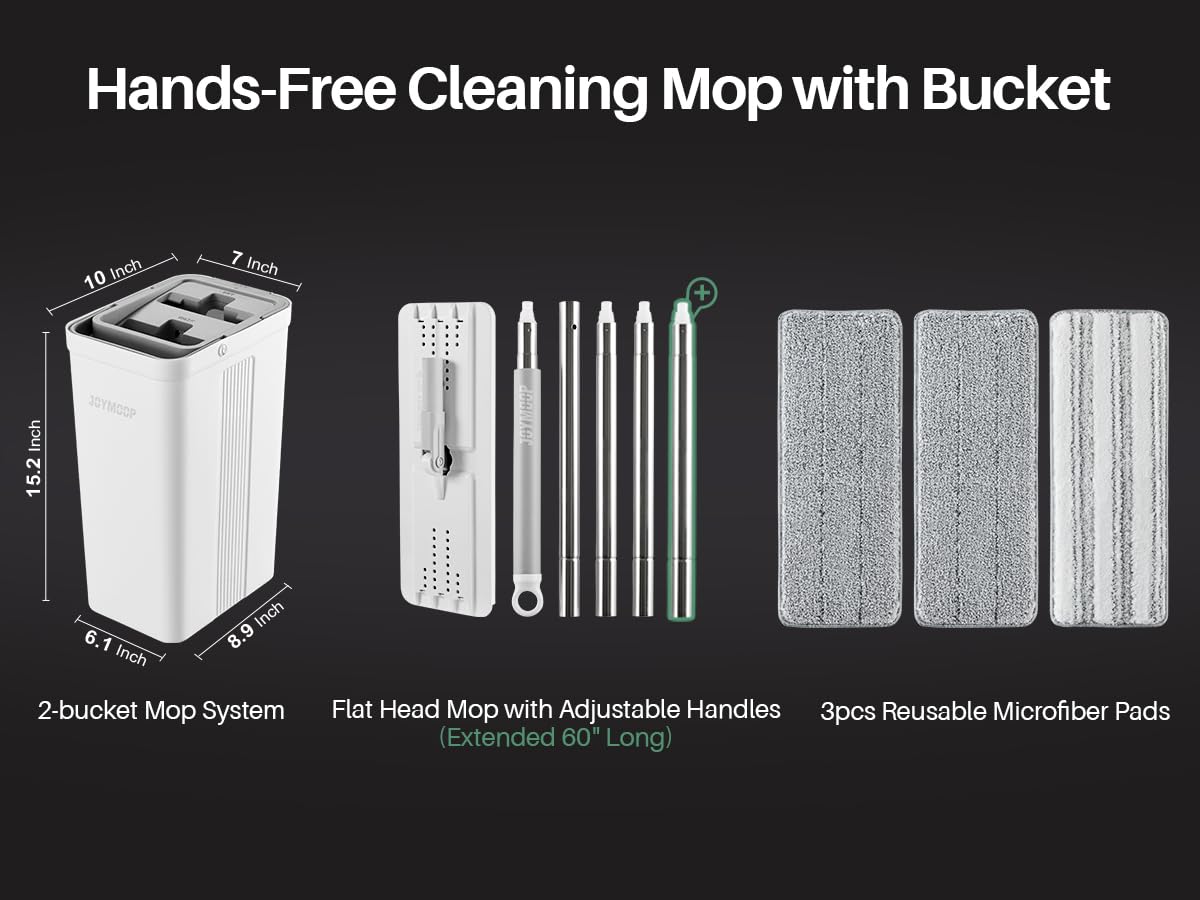 JOYMOOP Mop and Bucket with Wringer Set, White Flat Squeeze Bucket Set for Floor Cleaning, Wet Dry Wall Cleaner with Long Handle, Hardwood Floor Mop-3 Microfiber Cloths