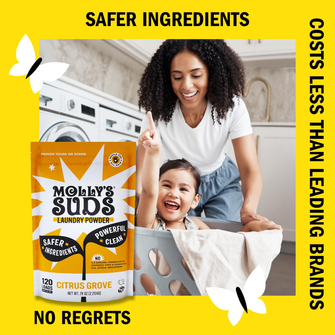 Molly's Suds Original Laundry Detergent Powder | Clean Laundry Detergent Powder for Sensitive Skin | Simple, Effective Ingredients, Stain Fighting | 240 Loads (Citrus Grove)