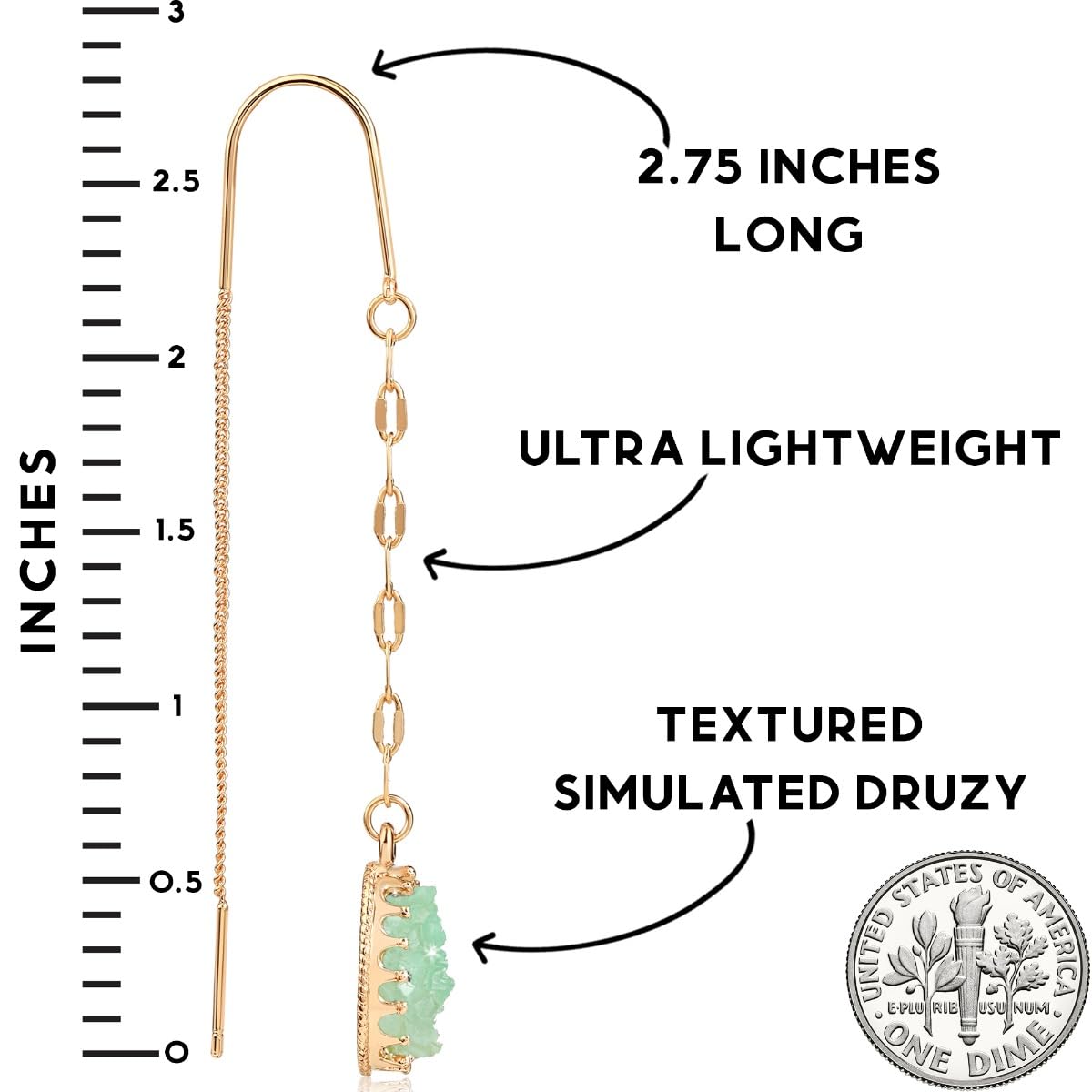 Aqua Green Dangle Earrings for Women - Long Boho Faux Druzy Threader Drops