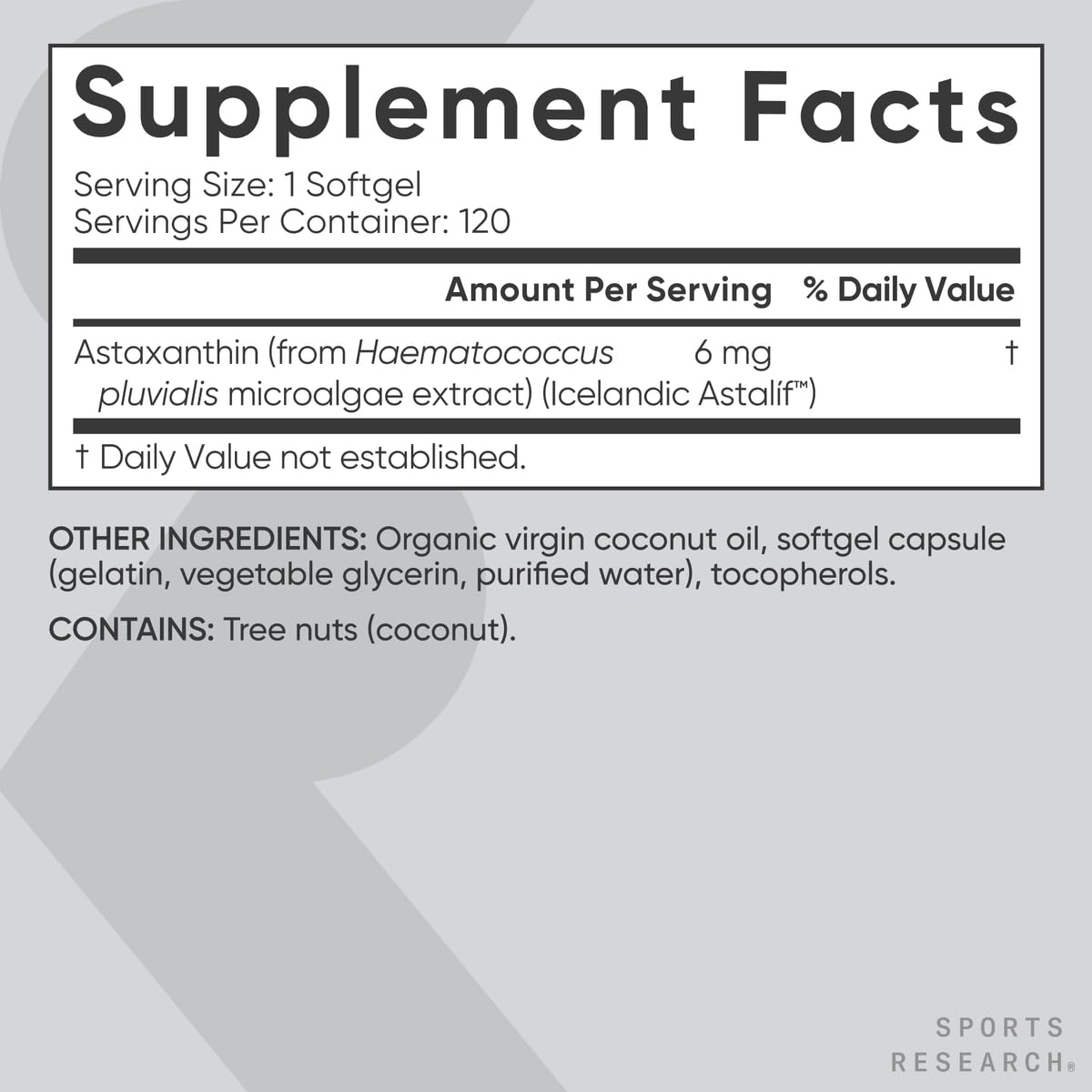 Sports Research Triple Strength Astaxanthin Supplement (6mg) with Organic Coconut Oil for Antioxidant Activity, Skin & Eye Health Support - Non-GMO Verified & Gluten Free - 120 Softgels