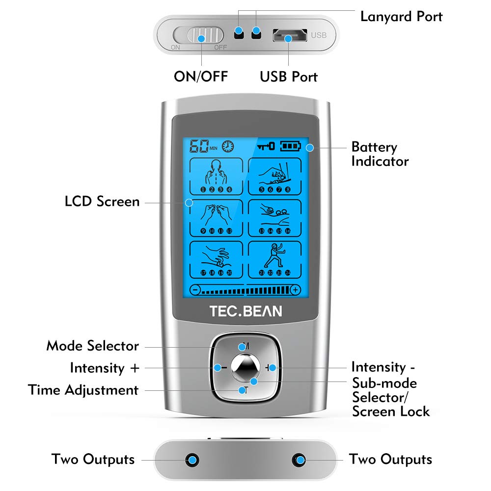 TEC.BEAN 24 Modes Tens Unit Muscle Stimulator, Rechargeable Tens Machine with 8 Electrode Pads (American Gel), Electric Pulse Massager for Pain Relief Therapy(Silver
