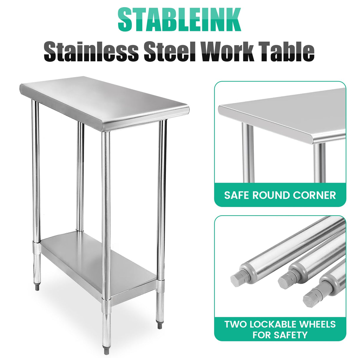 STABLEINK NSF Stainless Steel Table 30 x 12 Inches, Metal Prep & Work Table with Adjustable Undershelf, for Commercial Kitchen, Restaurant, Hotel and Garage,Small Tables