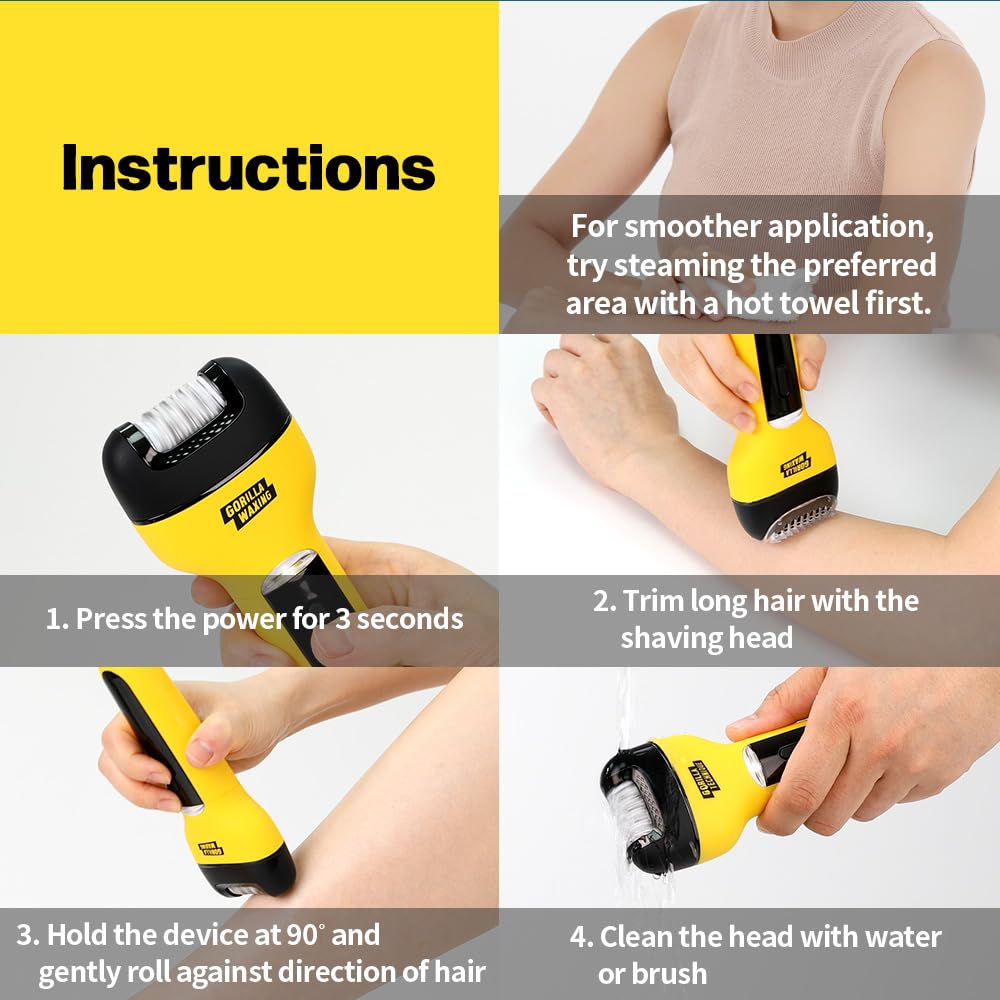 Gorilla Technique 3-in-1 Epilator, Wet & Dry Facial & Body Hair Removal Device, Cordless Rechargeable Electric Tweezers & Shaver & Callus Remover for Women & Men, One, Black & Yellow