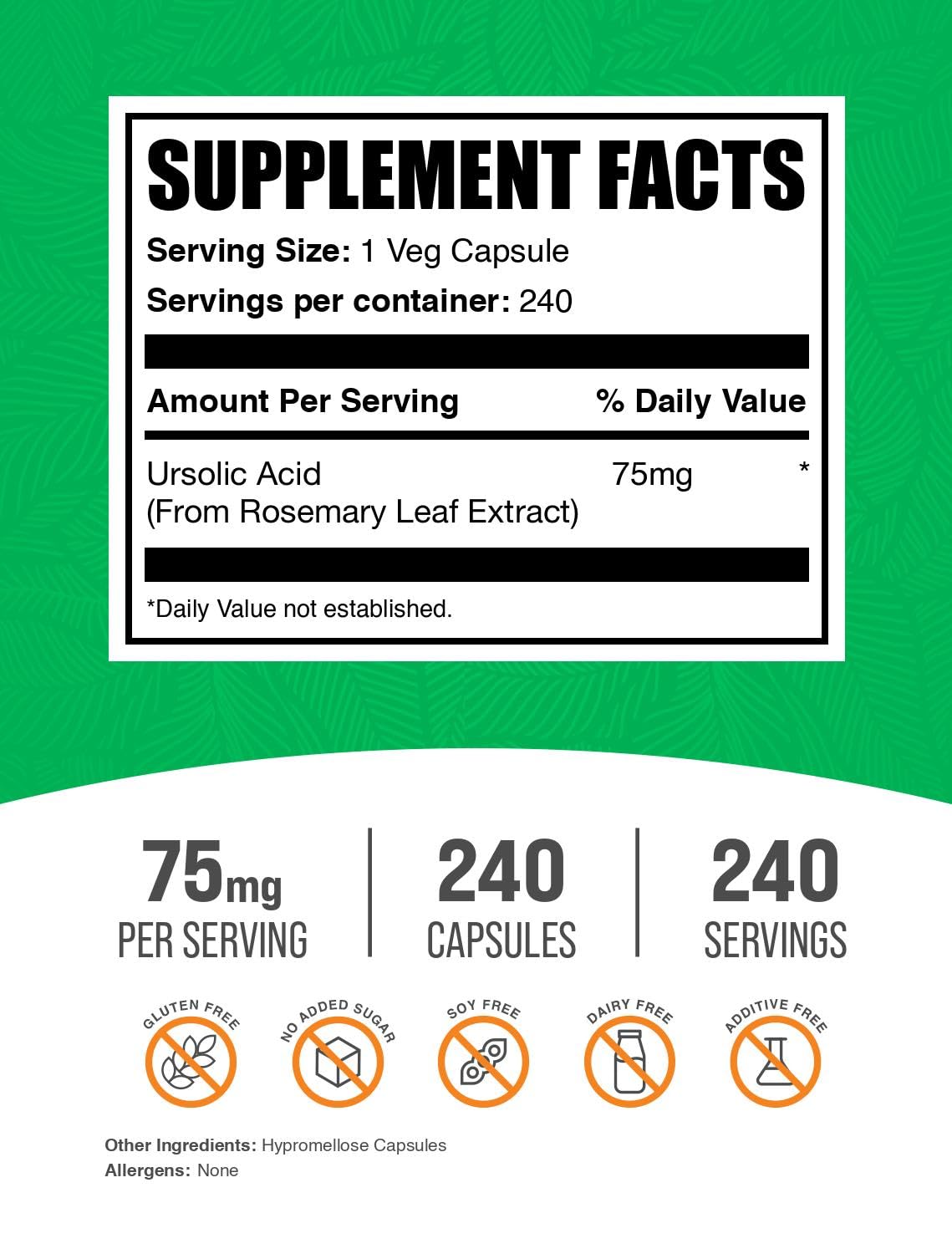 BulkSupplements.com Ursolic Acid Capsules - Ursolic Acid Supplement, Sourced from Rosemary Leaf Extract - Vegan, 1 Capsule per Serving (75mg), 240 Count (Pack of 1)